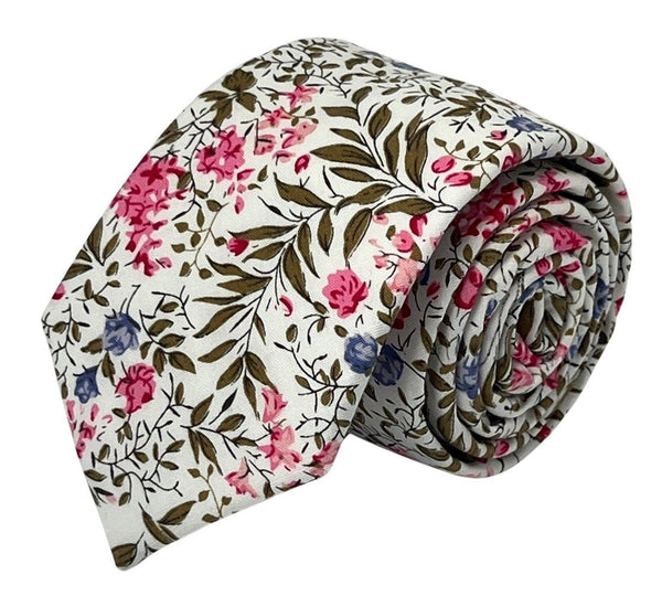 ivory pink cotton tie with english wildflower garden design